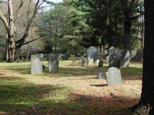 A shady graveyard with a mix of different size and shape gravestones.