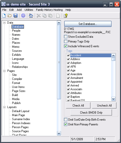 screenshot showing sections on the left, properties on the right